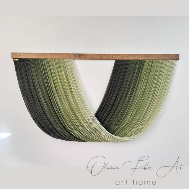 Full Dip Dye Wall Hanging Green Gradient Ombre Fiber Art Yarn Tapestry, Khaki Wall Decor - image 1