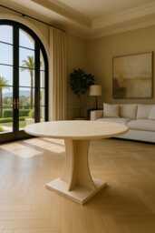 Handcrafted Travertine Table, Round Stone Dining Sculptural Marble Custom Minimalist Furniture, Modern Centerpiece - thumbnail 1