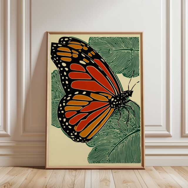 Monarch Butterfly Poster, Bold Illustration, Red Orange Graphic Art Print - image 1
