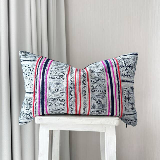 Vintage Hmong Pillow Cover Hand Block Print Hemp Cushion - 12x20 - image 1