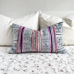 Vintage Hmong Pillow Cover Hand Block Print Hemp Cushion - 12x20 - thumbnail 2