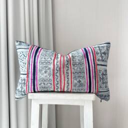 Vintage Hmong Pillow Cover Hand Block Print Hemp Cushion - 12x20 - thumbnail 1