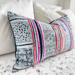 Vintage Hmong Pillow Cover Hand Block Print Hemp Cushion - 12x20 - thumbnail 3