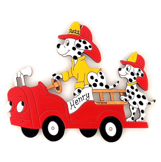 Personalized Dalmatian Firetruck Christmas Ornament - Wood, Laser Cut, Hand Painted - image 1