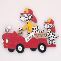 Personalized Dalmatian Firetruck Christmas Ornament - Wood, Laser Cut, Hand Painted - thumbnail 3