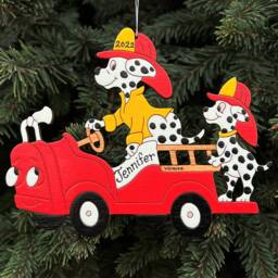Personalized Dalmatian Firetruck Christmas Ornament - Wood, Laser Cut, Hand Painted - thumbnail 2