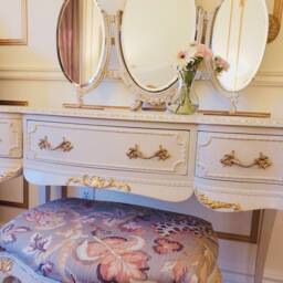 French Style Vanity Set Vintage Ornate Dressing Table With Mirror & Stool - thumbnail 2