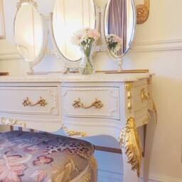 French Style Vanity Set Vintage Ornate Dressing Table With Mirror & Stool - thumbnail 3