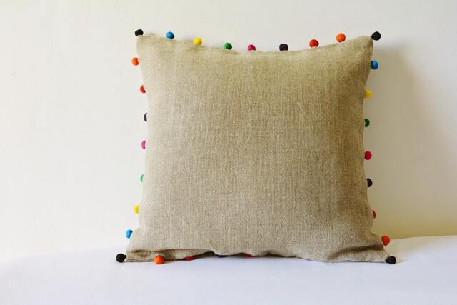 Natural Beige Linen Cushion Cover With Bright Fabric Pom Detail , Pillow Colorful Throw Decor - image 1