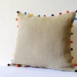 Natural Beige Linen Cushion Cover With Bright Fabric Pom Detail , Pillow Colorful Throw Decor - thumbnail 2