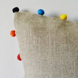 Natural Beige Linen Cushion Cover With Bright Fabric Pom Detail , Pillow Colorful Throw Decor - thumbnail 3