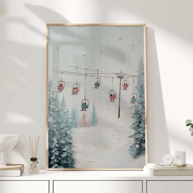 Ski Lift Winter Print - Alpine Wall Art Vintage Snow Landscape Painting Scandinavian Christmas Decor - image 1