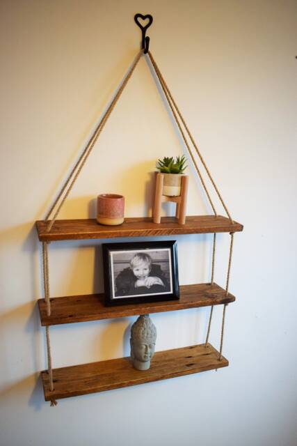 Rustic Hanging Rope Shelf/Reclaimed Pallet Timber Wall Mounted Ladder 3 Tier Floating - image 1