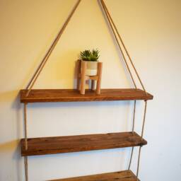 Rustic Hanging Rope Shelf/Reclaimed Pallet Timber Wall Mounted Ladder 3 Tier Floating - thumbnail 3