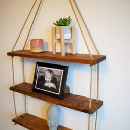 Rustic Hanging Rope Shelf/Reclaimed Pallet Timber Wall Mounted Ladder 3 Tier Floating - thumbnail 2