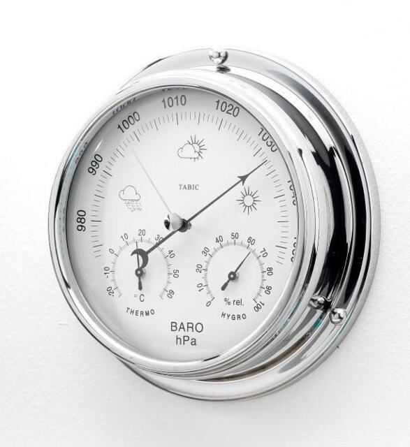 Tabic Chrome Barometer With Built in Hygrometer & Thermometer, Heavy Brass Case - 1/2Kg Electroplated Chromium, Handmade in England - image 1