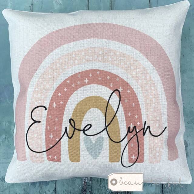 Personalised Name Pastel Rainbow Design Home Quote Boho Linen Style Cushion Cover