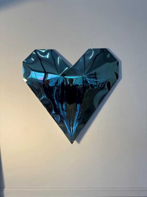 Blue Chrome Heart Sculpture Metal Garden Mirror Art - image 1