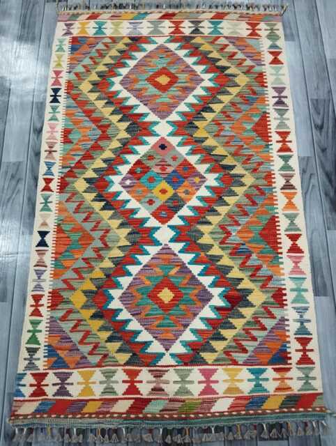 Multicolour Rug, Handmade Artisan Afghan Turkish Scandinavian Navajo Bohemian Flatweave Wool Kilim 162x98 cm - image 1