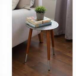 Handcrafted Mango Wood Side Table Embossed Antique Silver Finish - thumbnail 4
