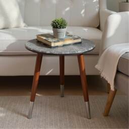 Handcrafted Mango Wood Side Table Embossed Antique Silver Finish - thumbnail 2