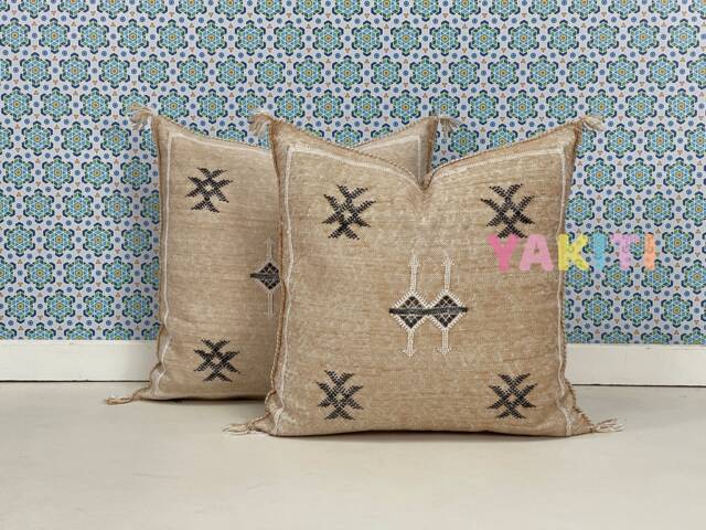 Yakiti-Beige Square Moroccan Pillows 20x20, Aka Cactus Silk Pillow, Sabra Pillows, Outdoor Luxury Pillow, Durable & Weather Resistant - image 1