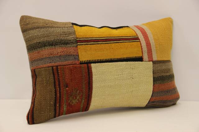 Vintage Turkish Kilim Lumbar Pillow Cover, Patchwork Wool Cushion - 12x20 In - image 1