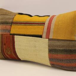 Vintage Turkish Kilim Lumbar Pillow Cover, Patchwork Wool Cushion - 12x20 In - thumbnail 3