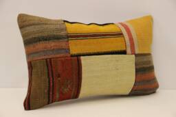 Vintage Turkish Kilim Lumbar Pillow Cover, Patchwork Wool Cushion - 12x20 In - thumbnail 1