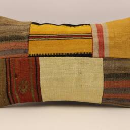 Vintage Turkish Kilim Lumbar Pillow Cover, Patchwork Wool Cushion - 12x20 In - thumbnail 2
