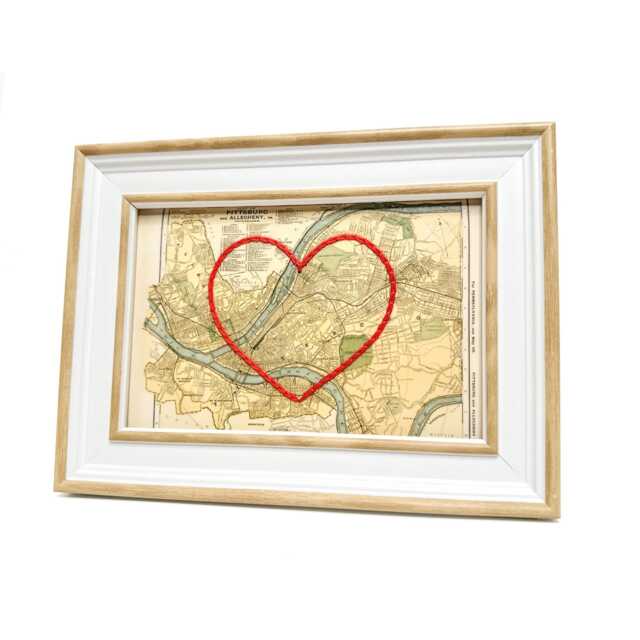 Pittsburgh Heart Map - Custom Gift Anniversary For Him Framed Wedding Print With Hand-Embroidered - image 1