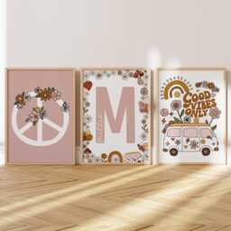 Boho Nursery Print Set - Girls Letter Good Vibes Only Peace Sign -Boho Playroom Decor Unframed - thumbnail 1
