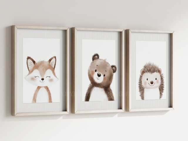 Woodland Forest Animals Boys Girls A4 Or A3 Nursery Set Of Unframed Prints Wall Art Natural Decor Fox Bear Hedgehog Neutral - image 1