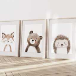 Woodland Forest Animals Boys Girls A4 Or A3 Nursery Set Of Unframed Prints Wall Art Natural Decor Fox Bear Hedgehog Neutral - thumbnail 3