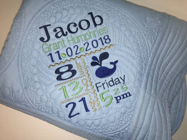 Personalized Heirloom Baby Quilt, Boy Ocean Whale Nautical Birth Announcement Quilt Blanket - image 1