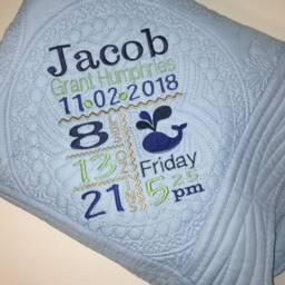 Personalized Heirloom Baby Quilt, Boy Ocean Whale Nautical Birth Announcement Quilt Blanket - thumbnail 2