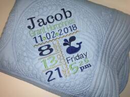 Personalized Heirloom Baby Quilt, Boy Ocean Whale Nautical Birth Announcement Quilt Blanket - thumbnail 1