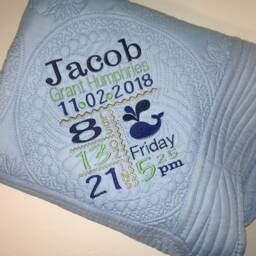 Personalized Heirloom Baby Quilt, Boy Ocean Whale Nautical Birth Announcement Quilt Blanket - thumbnail 3