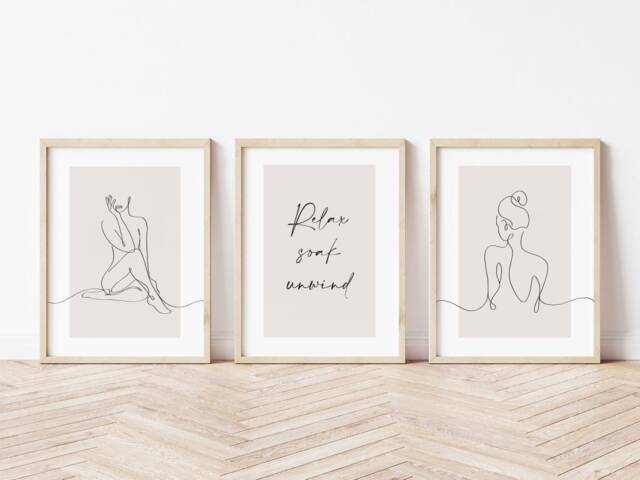 Bathroom Prints, Woman Line Art, Set Of 3, Relax Soak Unwind, Wall Neutral Beige Home, Modern Home Decor - image 1
