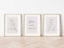 Bathroom Prints, Woman Line Art, Set Of 3, Relax Soak Unwind, Wall Neutral Beige Home, Modern Home Decor - thumbnail 1