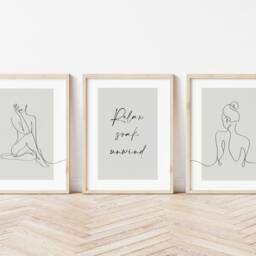 Bathroom Prints, Woman Line Art, Set Of 3, Relax Soak Unwind, Wall Neutral Beige Home, Modern Home Decor - thumbnail 3