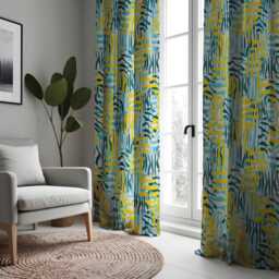 Abstract Geometric Curtains, Yellow & Teal Artistic Brushstroke Pattern Drapes, Modern Bold Window Treatment, Custom Length Panel Curtains - thumbnail 2