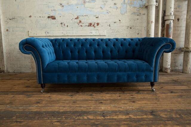 3 Seater Teal Blue Velvet Chesterfield Sofa, British Handmade - image 1
