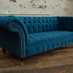 3 Seater Teal Blue Velvet Chesterfield Sofa, British Handmade - thumbnail 2