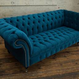 3 Seater Teal Blue Velvet Chesterfield Sofa, British Handmade - thumbnail 3