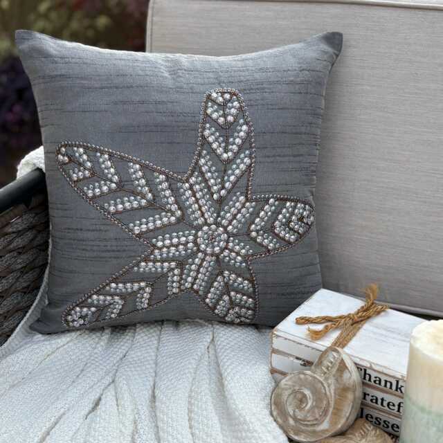 Gray Art Silk Beaded & Sequins Work Starfish, Beach Style Throw Pillow Cover - Starry Light - image 1