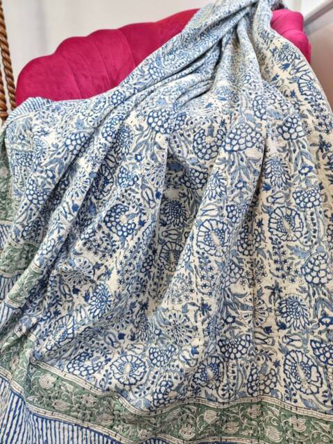Kantha Stitch Pure Cotton Reversible Bed/Sofa Throw King Size - Handmade Handprinted Floral Dohar White Blue Garden Petal Leaves Stripe - image 1