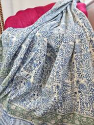Kantha Stitch Pure Cotton Reversible Bed/Sofa Throw King Size - Handmade Handprinted Floral Dohar White Blue Garden Petal Leaves Stripe - thumbnail 1