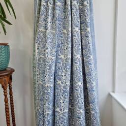 Kantha Stitch Pure Cotton Reversible Bed/Sofa Throw King Size - Handmade Handprinted Floral Dohar White Blue Garden Petal Leaves Stripe - thumbnail 3