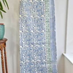 Kantha Stitch Pure Cotton Reversible Bed/Sofa Throw King Size - Handmade Handprinted Floral Dohar White Blue Garden Petal Leaves Stripe - thumbnail 2